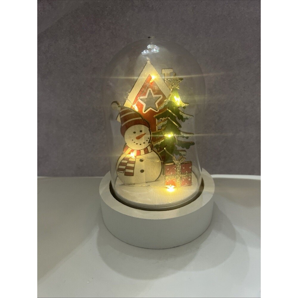 Snowman Lighted Christmas Holiday Glass Dome 5” Tall Natural Wood Base